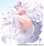  1girl apple_caramel ass back_bow blush bow breasts bridalith cameltoe cleavage commentary_request copyright_name crotch curvy dragon_girl dragon_horns dragon_tail dress elbow_gloves falling_petals feet flower frilled_dress frills from_below full_body gloves gradient_background hands_up highres horns huge_breasts lace-trimmed_dress lace_trim large_tail long_hair midair mini_wings neomonsters official_art open_mouth petals pink_eyes pink_hair plunging_neckline pointy_ears purple_flower revealing_clothes solo tail thighhighs thighs toes very_long_hair wavy_mouth wedding_dress white_dress white_gloves white_tail white_thighhighs white_wings wings 