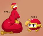  big_breasts big_butt black_eyes blonde_hair blush blush_lines bodysuit breasts butt clothing eyewear female goggles hair hi_res huge_breasts huge_butt huge_thighs humanoid hyper hyper_butt hyper_thighs kneeling pooka pooka_(dig_dug) simple_background skinsuit solo text thick_thighs tight_clothing veryfilthything waddling_head 