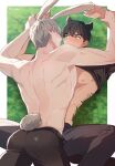  2boys absurdres animal_ears back blush brown_hair cat_ears hands_on_another&#039;s_arms highres ilay_riegrow jeong_taeui male_focus multiple_boys muscular muscular_male nipples o_ssion on_grass passion_(manhwa) pectorals rabbit_ears rabbit_tail tail white_background white_hair yaoi 