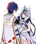  1boy 1girl alear_(fire_emblem) alear_(male)_(fire_emblem) bare_shoulders black_choker black_hair blue_hair breasts brother_and_sister choker dress feather_hair_ornament feathers fire_emblem fire_emblem_engage grabbing_another&#039;s_hair grey_hair hair_ornament height_difference long_hair mugimugis multicolored_hair petite purple_eyes red_hair short_hair siblings small_breasts smile split-color_hair two-tone_hair very_long_hair veyle_(fire_emblem) wavy_hair 