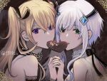  2girls bare_back bare_shoulders black_ribbon black_sleeves blonde_hair candy chocolate choker commentary_request crossed_bangs detached_sleeves face-to-face food food_in_mouth frilled_choker frills gem gem_hair_ornament green_eyes hair_between_eyes hair_ornament hair_over_one_eye hair_over_shoulder head_tilt heart heart-shaped_chocolate holding_hands jewelry long_hair looking_at_viewer maou_gakuin_no_futekigousha medium_hair misha_necron multiple_girls nail_polish necklace open_mouth pearl_necklace pink_nails presenting purple_eyes red_background red_nails ribbon sabasushi sasha_necron short_hair_with_long_locks sidelocks sleeveless swept_bangs teeth twintails valentine white_choker white_hair 