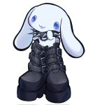  :3 belt_boots black_collar black_footwear blue_eyes blush boots chain cinnamoroll collar commentary english_commentary full_body hand_up highres k0u_(k0ujira) looking_at_viewer no_humans open_mouth platform_boots platform_footwear rabbit sanrio simple_background smile solo spiked_collar spikes standing white_background 