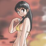  1girl bikini blurry blurry_background cowboy_shot dusk from_side grey_eyes grey_hair highres long_hair looking_at_viewer navel original pict9370 red_sky sky solo standing swimsuit yellow_bikini 