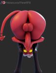  anthro clothing demon feversfm genitals helluva_boss hi_res horn humanoid humanoid_genitalia humanoid_penis imp latex legwear male moxxie_(helluva_boss) moxxie_(valorlynz) penis red_body rubber thigh_highs yellow_eyes 