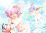  2girls animal_ears besuteia bikini bird_ears bird_wings blue_sky breasts cleavage closed_eyes commentary_request frilled_bikini frills head_wings highres horns multiple_girls mystia_lorelei navel open_mouth outdoors pink_hair red_wings short_hair single_head_wing sky small_breasts splashing swimsuit tokiko_(touhou) touhou wading white_bikini white_wings wings 