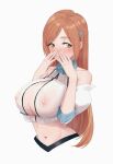  1girl 57_(lme_piggy117) bangs bare_shoulders bleach bleach:_the_thousand-year_blood_war blush breasts brown_eyes brown_hair center_opening cleavage covered_nipples cropped_torso detached_collar detached_sleeves embarrassed hair_ornament hairpin hand_to_own_mouth highres inoue_orihime large_breasts long_hair looking_at_viewer midriff navel parted_bangs see-through shirt sleeveless sleeveless_shirt solo striped striped_shirt upper_body white_background white_shirt white_sleeves 