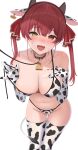  1girl animal_ears animal_print bare_shoulders bell bikini blush breasts cleavage collar cow_ears cow_horns cow_print cow_print_bikini cow_tail cowbell ear_tag embarrassed fake_horns fang gloves hair_ribbon heterochromia highres hololive horns houshou_marine kachikachipiroo large_breasts leash long_hair looking_at_viewer neck_bell open_mouth print_bikini print_gloves print_thighhighs red_eyes red_hair ribbon solo strap_pull sweat swimsuit tail thighhighs twintails virtual_youtuber yellow_eyes 