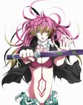  ao_no_exorcist belt bikini bow bowtie breasts fingernails highres holding holding_sword holding_weapon jacket katana kirigakure_shura leather leather_jacket long_fingernails multicolored_hair navel no_shirt open_hand open_mouth purple_eyes purple_hair simple_background sleeves_rolled_up stomach_tattoo swimsuit sword tattoo tendoujisoujirou two-tone_hair weapon 