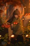  1girl absurdres apple autumn autumn_leaves brown_eyes brown_hair chinese_clothes elf food forest fruit hanfu highres holding holding_food hua_ming_wink long_hair looking_at_viewer nature original pointy_ears ponytail scenery solo 