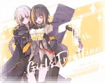  2girls :d ^_^ alcohol anniversary beer beer_mug black_hair black_jacket black_skirt blonde_hair braid character_request closed_eyes collared_shirt commentary_request copyright_name cup dated dress_shirt eyepatch foam girls&#039;_frontline grey_hair grey_shirt holding holding_cup jacket long_hair mug multicolored_hair multiple_girls off_shoulder open_clothes open_jacket parted_lips pleated_skirt shadow71580825 shirt signature single_braid skirt smile sparkle streaked_hair sweat very_long_hair yellow_eyes 