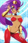  1girl arm_up blue_eyes breasts choker closed_mouth dark-skinned_female dark_skin day earrings hand_on_own_leg highres jewelry large_breasts lips long_hair looking_at_viewer mike_luckas navel outdoors pointy_ears ponytail purple_hair shantae shantae_(series) smile solo underboob very_long_hair 