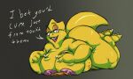  alphys anthro belly big_belly big_breasts big_butt big_nipples breast_squish breasts butt claws deltarune dialogue dinosaur eyewear feet female glasses hi_res huge_butt kentuckiyucki lidded_eyes lying monster nipples open_mouth reptile scalie smug solo squish teasing thick_thighs tongue undertale undertale_(series) 