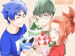  3boys akagi_ran aoi_shuuta blue_eyes blue_hair blue_shirt blueberry brown_eyes chocolate closed_eyes copyright_name crepe food fruit gdgdgb_(wmbower) green_hair green_shirt grin hair_up highres holding holding_food ice_cream licking_lips looking_at_viewer male_focus matcha_(food) mole mole_under_eye multiple_boys polka_dot polka_dot_background red_hair red_shirt shirt short_hair sidelocks smile strawberry suidou_kouki sweatdrop tokyo_24-ku tongue tongue_out watermark whipped_cream 