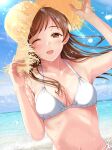  1girl ;d bikini blush breasts breasts_apart brown_hair collarbone halterneck hands_on_headwear hat idolmaster idolmaster_cinderella_girls kasumi_seiki looking_at_viewer medium_breasts navel nitta_minami one_eye_closed outdoors side-tie_bikini_bottom smile solo straw_hat string_bikini swimsuit upper_body white_bikini 