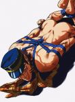  1boy ass bara bdsm blue_rope bondage bound bound_knees feet_up from_above frown golden_kamuy hat highres kepi male_focus military_hat nude probe rope sanpaku scar scar_on_ass scar_on_cheek scar_on_face scar_on_mouth scar_on_nose scarf short_hair sideburns simple_background smokerichi solo sugimoto_saichi thick_eyebrows too_many_scars tsurime 