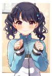  1girl blue_hair blush clenched_hands dark_blue_hair fukumaru_koito highres idolmaster idolmaster_shiny_colors jacket long_sleeves looking_at_viewer mmmakaron888 pink_eyes solo track_jacket twintails upper_body wavy_hair zipper_pull_tab 