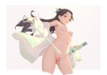  1girl bigrbear black_hair breasts brown_eyes coat cropped_legs earrings holding holding_sword holding_weapon jewelry long_hair looking_at_viewer medium_breasts navel nipples open_clothes open_coat open_mouth original pussy solo sword two-tone_background uncensored weapon white_coat 