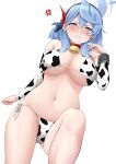  1girl ako_(blue_archive) anger_vein animal_print bell bikini blue_archive blue_eyes blue_hair blush breasts clenched_teeth collar cow_print cowbell earrings hairband halo hand_up highres jewelry large_breasts medium_hair navel neck_bell print_bikini print_sleeves red_collar side-tie_bikini_bottom simple_background solo stomach stud_earrings swimsuit takomeshi teeth white_background 