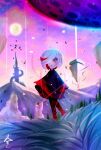  1girl :o black_dress cang_she dress full_moon hair_over_shoulder moon outdoors red_eyes sage_(sonic) short_hair sky solo sonic_(series) sonic_frontiers walking white_hair 