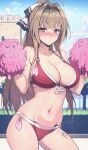  1girl amagi_brilliant_park antenna_hair bikini blue_sky blush bow breasts brown_eyes brown_hair cleavage closed_mouth cloud condom condom_belt cowboy_shot day glaring hair_bow hair_intakes haoni high_ponytail highres holding holding_pom_poms humiliation large_breasts long_hair looking_at_viewer navel o-ring o-ring_bikini outdoors pom_pom_(cheerleading) ponytail sento_isuzu sky solo sweat swimsuit translated used_condom v-shaped_eyebrows 