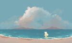  1boy animal_crossing beach blue_sky cloud facing_away footprints furry furry_male haveacraigday highres male_focus marshal_(animal_crossing) nude ocean outstretched_arms scenery shore signature skinny_dipping sky solo spread_arms squirrel_boy wading 