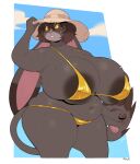  anthro areola areola_slip artist_name big_areola big_breasts bikini bodily_fluids breasts clothed clothing day female fingers fur grey_body grey_fur hair hat headgear headwear hi_res huge_breasts lagomorph leporid long_ears mammal navel outside overweight overweight_anthro overweight_female portrait purple_eyes rabbit roly solo sweat swimwear thick_thighs three-quarter_portrait tongue tongue_out 