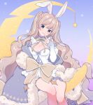  1girl animal_ears blonde_hair blue_eyes bow breasts cleavage commentary_request crescent_moon detached_sleeves fake_animal_ears finger_to_mouth fur_trim highres long_hair moon mugimugigo nijisanji nijisanji_kr rabbit_ears sitting so_nagi solo very_long_hair virtual_youtuber yellow_bow 