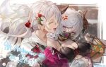  2girls anger_vein artist_request bag bangs black_nails bow breasts brown_horns cleavage closed_eyes collar collarbone commentary_request cupitan_(granblue_fantasy) draph granblue_fantasy hair_between_eyes hair_bow hair_ornament hair_ribbon highres holding holding_bag holding_wallet horns hug jacket large_breasts long_hair long_sleeves low_twintails mask mouth_mask multicolored_hair multiple_girls off_shoulder official_art open_mouth pointy_ears purple_eyes purple_jacket red_ribbon ribbon shirt smile studded_collar tears tristette_(granblue_fantasy) twintails wallet white_shirt 