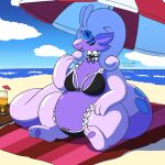  2021 3_fingers 3_toes anthro beach beach_towel beach_umbrella belly big_belly big_tail bikini blue_blush blue_eyes blue_markings blush blush_lines breasts choker cleavage clothed clothing cloud container countershade_tail countershade_torso countershading cup cute_fangs external_gills eyebrows fan_character feet female fingers frilly frilly_clothing generation_6_pokemon gills glass glass_container glass_cup goodra hi_res jewelry markings necklace nintendo nulloffset pawpads pokemon pokemon_(species) purple_body purple_pawpads purple_skin quote_(nulloffset) seaside shadow sitting sky soles solo swimwear tail tail_markings thick_thighs toes towel umbrella water 