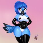  absurd_res anthro armwear avian bird blu_(lilly_raposa) blue_jay clothing corvid elbow_gloves female gloves handwear hi_res jay_(bird) latex_armwear latex_legwear legwear lilly_raposa new_world_jay nipple_tape oscine passerine pasties rubber solo tape thigh_highs 