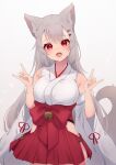  1girl absurdres animal_ears breasts double_fox_shadow_puppet fox_ears fox_girl fox_shadow_puppet fox_tail gradient_background grey_background grey_hair hakama highres hinata_(user_rjkt4745) japanese_clothes large_breasts long_hair looking_at_viewer miko original red_hakama tail 