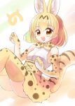  1girl :d animal_ears bangs blonde_hair blush bow bowtie breasts commentary_request elbow_gloves emurin feet_out_of_frame gloves kemono_friends looking_at_viewer medium_breasts open_mouth print_bow print_bowtie print_skirt print_thighhighs serval_(kemono_friends) serval_print shirt short_hair skirt sleeveless sleeveless_shirt smile solo tail thighhighs white_shirt yellow_eyes 