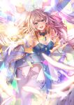  1girl absurdres blue_dress blue_eyes blue_gemstone blue_thighhighs breasts dress fate/grand_order fate_(series) feathers frills gem gloves grey_hair highres jewelry marie_antoinette_(fate) marie_antoinette_(swimsuit_caster)_(crystal_dress)_(fate) necklace open_mouth ringlets solo thighhighs totomiya white_gloves 