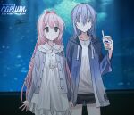  2girls aquarium black_shorts blue_eyes blue_hair blue_jacket blurry blurry_background blush braid chihuri closed_mouth collared_dress commentary_request cup depth_of_field disposable_cup drawstring dress drinking_straw ende_(chihuri) frilled_shirt_collar frills grey_jacket hair_between_eyes hair_intakes hand_up highres holding holding_cup hood hood_down hooded_jacket jacket long_hair long_sleeves multiple_girls nea_(chihuri) open_clothes open_jacket original pink_hair puffy_long_sleeves puffy_sleeves purple_eyes shirt short_shorts shorts sleeves_past_wrists smile very_long_hair white_dress white_shirt 