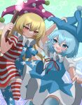  2girls :d absurdres american_flag_dress american_flag_legwear blonde_hair blue_background blue_dress blue_hair blue_headwear blue_thighhighs cirno closed_mouth clownpiece commentary dress gradient_background green_background hand_on_headwear hat highres holding holding_torch jester_cap long_hair looking_at_another mikan_(manmarumikan) multicolored_clothes multiple_girls open_mouth polka_dot_headwear purple_headwear red_eyes smile star_(symbol) star_print striped striped_dress striped_thighhighs thighhighs torch touhou 