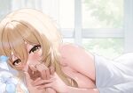  1girl ayul_(ayulneri_92) bed_sheet blonde_hair blush breasts commentary_request genshin_impact highres holding_hands large_breasts looking_at_viewer lumine_(genshin_impact) medium_hair on_bed pov_across_bed sidelocks solo_focus window yellow_eyes 