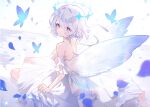  1girl apple_caramel blue_butterfly breasts bug butterfly butterfly_wings dress fairy_wings halo insect_wings looking_at_viewer looking_back original purple_eyes sitting skirt_hold small_breasts white_dress white_hair white_wings wings 