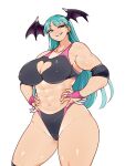  1girl abs bat_wings black_sports_bra breasts cleavage cleavage_cutout clenched_teeth clothing_cutout demon_girl fingerless_gloves gloves green_eyes green_hair hanzo_(2929) highres large_breasts looking_at_viewer midriff morrigan_aensland muscular muscular_female navel smile solo sports_bra teeth toned vampire_(game) wings wrestling_outfit 