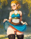  1girl absurdres adapted_costume bare_shoulders blonde_hair blue_eyes blush braid breasts clothes_lift elf glooz_art hair_ornament hairclip highres lifted_by_self no_panties pointy_ears princess_zelda pussy short_hair sidelocks skirt skirt_lift solo the_legend_of_zelda the_legend_of_zelda:_tears_of_the_kingdom thick_thighs thighhighs thighs uncensored 
