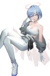  1girl :p absurdres arknights bare_shoulders blue_hair breasts cleavage closed_mouth collarbone commentary_request feet_out_of_frame gloves green_eyes grey_jacket hair_between_eyes halo highres holding jacket knees_together_feet_apart looking_at_viewer mea_(hwaksal) medium_breasts off_shoulder open_clothes open_jacket pants shoes simple_background smile solo spuria_(arknights) tank_top tongue tongue_out white_background white_footwear white_gloves white_pants white_tank_top 