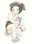  1girl black_eyes black_footwear black_hair black_shorts cat child dated full_body geta hair_bobbles hair_ornament highres jarinko_chie kotetsu_(jarinko_chie) kujira_gunsou shirt shorts simple_background smile socks takemoto_chie white_background white_shirt white_socks 