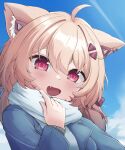  1girl absurdres ahoge animal_ear_fluff animal_ears cat_ears cat_girl facial_mark fang hair_ornament hairclip highres long_hair looking_at_viewer open_mouth outdoors polypuff red_eyes scarf shyrei_faolan solo upper_body virtual_youtuber vyugen whisker_markings 
