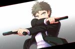  1boy ahoge black_jacket black_necktie bo-tsu_(hyrkgk) brown_eyes brown_hair danganronpa_(series) danganronpa_2:_goodbye_despair dual_wielding formal gradient_background grey_background gun handgun hinata_hajime holding holding_gun holding_weapon jacket long_sleeves male_focus necktie open_clothes open_jacket shirt short_hair solo upper_body weapon white_shirt 