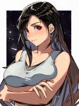  1girl adapted_costume arms_under_breasts bare_shoulders black_hair blush breasts closed_mouth crop_top crossed_arms earrings final_fantasy final_fantasy_vii final_fantasy_vii_remake highres jewelry large_breasts long_hair looking_at_viewer red_eyes smile solo tank_top temoc tifa_lockhart 