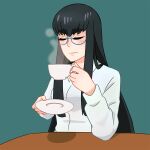  alternate_art_style alternate_hair_length alternate_hairstyle animated animated_gif black_hair break color_connection commentary cup glasses h0saki holding holding_cup kill_la_kill kiryuuin_satsuki official_alternate_costume relaxing simple_background solo solo_focus steam tea thick_eyebrows 