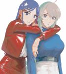  2girls ahoge alternate_costume arm_around_neck blue_hair blue_nails blue_sweater breasts closed_mouth grey_hair highres jacket kantai_collection large_breasts long_hair long_sleeves looking_at_viewer multicolored_hair multiple_girls nail_polish nidou red_hair red_jacket simple_background south_dakota_(kancolle) star_(symbol) sweater washington_(kancolle) white_background white_hair 