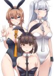  3girls absurdres animal_ears ass black_leotard black_neckerchief blue_eyes blush breast_envy breasts brown_hair closed_mouth detached_collar ear_piercing fake_animal_ears fuyutsuki_(kancolle) grey_hair grey_neckerchief grin groin hair_between_eyes hair_flaps hatsuzuki_(kancolle) highres kantai_collection kiritto leotard long_hair medium_breasts multiple_girls neckerchief one_side_up orange_neckerchief piercing rabbit_ears short_hair simple_background smile strapless strapless_leotard teruzuki_(kancolle) v white_background yellow_eyes 
