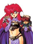  ... 1990s_(style) 1boy 1girl armor blue_eyes branmarker brown_hair cape chibi constricted_pupils elbow_gloves fingerless_gloves glint gloves hair_tubes highres long_hair nail_polish navel non-web_source open_mouth pauldrons pelvic_curtain pink_nails purple_gloves red_hair retro_artstyle scan shami_(branmarker) shoulder_armor simple_background size_difference solo_focus speech_bubble spoken_ellipsis tears white_background 