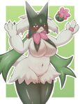 absurd_res anthro biped border breasts female front_view fur generation_9_pokemon green_background green_body green_fur hi_res looking_at_viewer meowscarada nintendo pawpads pokemon pokemon_(species) pupils purple_eyes shiryujack08 simple_background slit_pupils solo white_border 