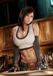  1girl 3d abs alcohol bar_(place) bare_shoulders billyhhyb black_hair blurry blurry_background breasts cleavage elbow_sleeve final_fantasy final_fantasy_vii gloves highres large_breasts long_hair muscular muscular_female patreon_username red_eyes signature skirt tank_top tifa_lockhart toned 